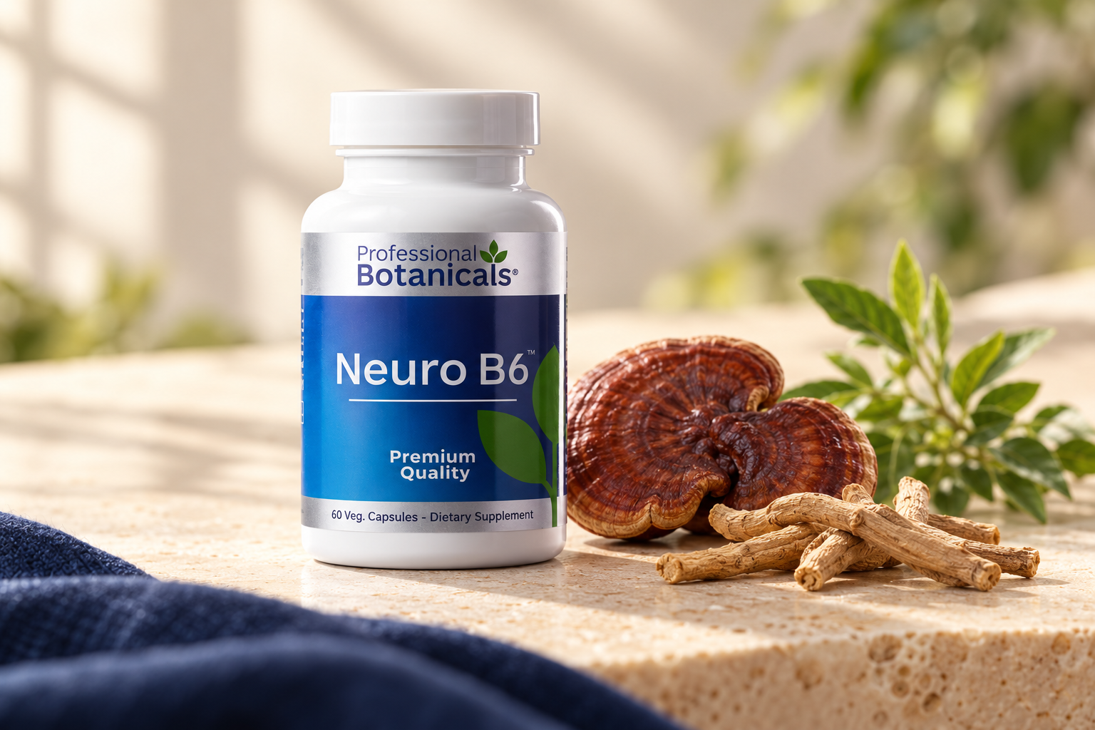 Neuro B6 bottle beside reishi mushrooms and dried ashwagandha roots