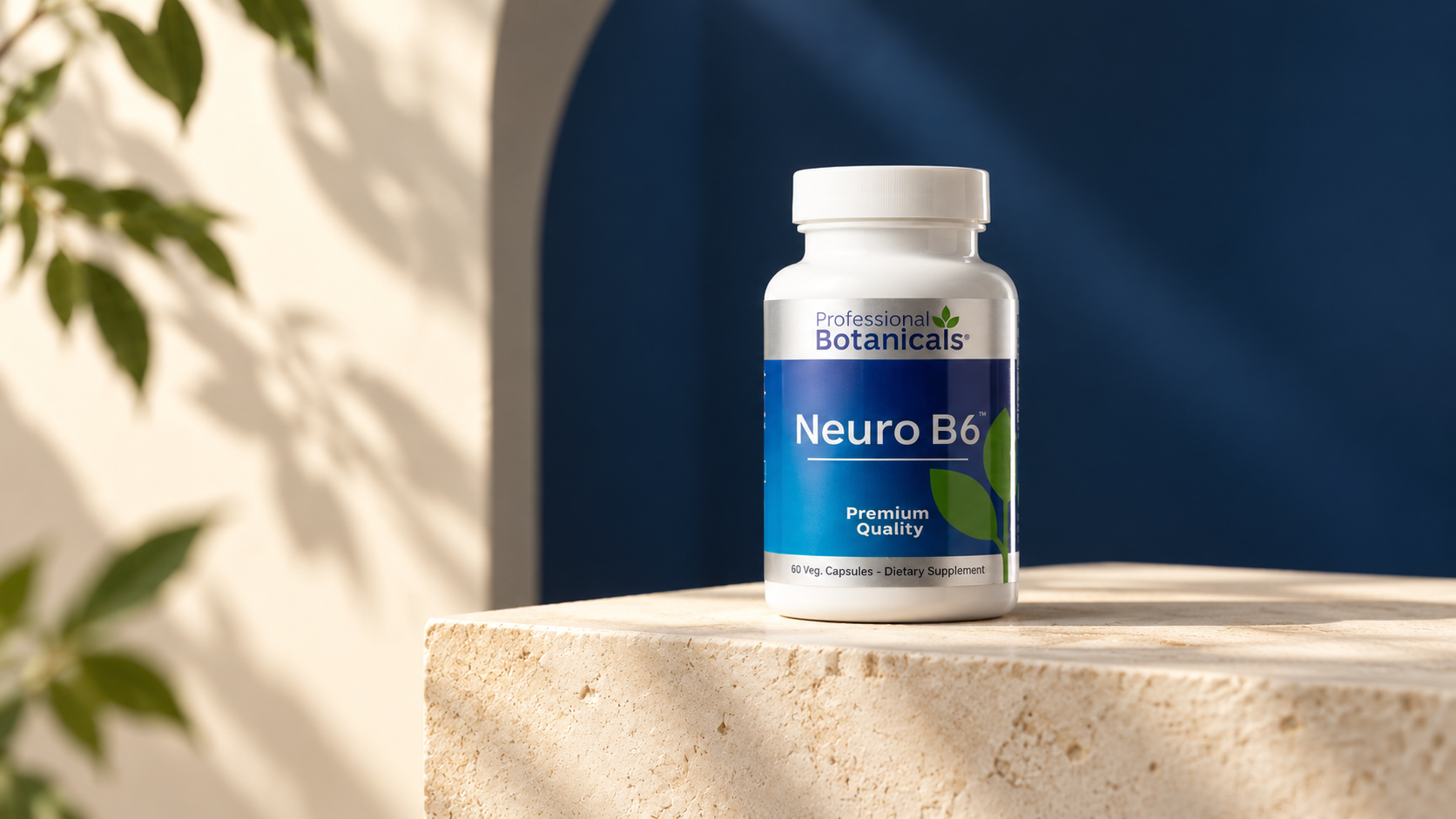 Professional Botanicals Neuro B6 bottle on a limestone pedestal against a blue and cream backdrop