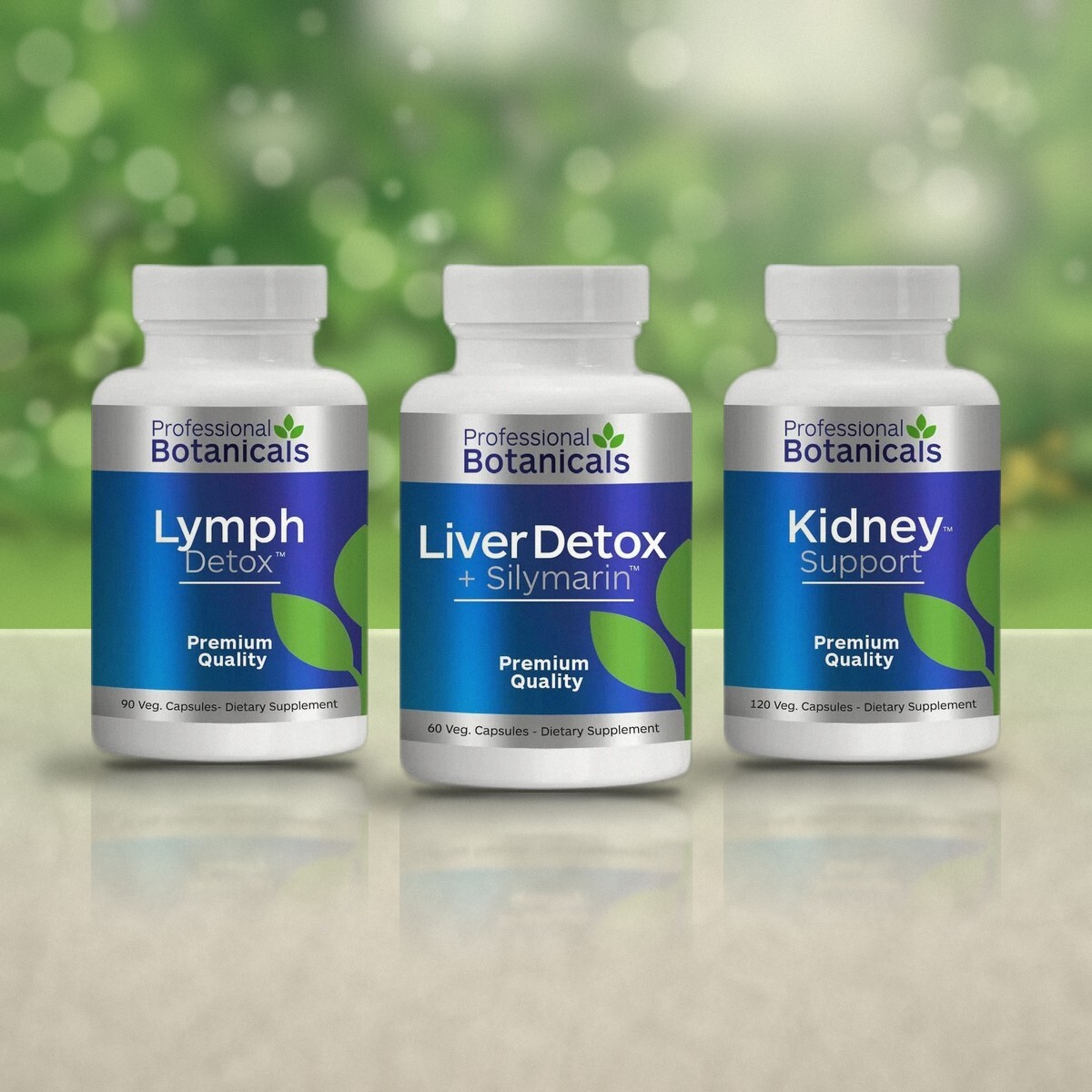 Professional Botanicals Lymph Detox, Liver Detox + Silymarin and Kidney Support bottles side by side in a natural outdoor setting