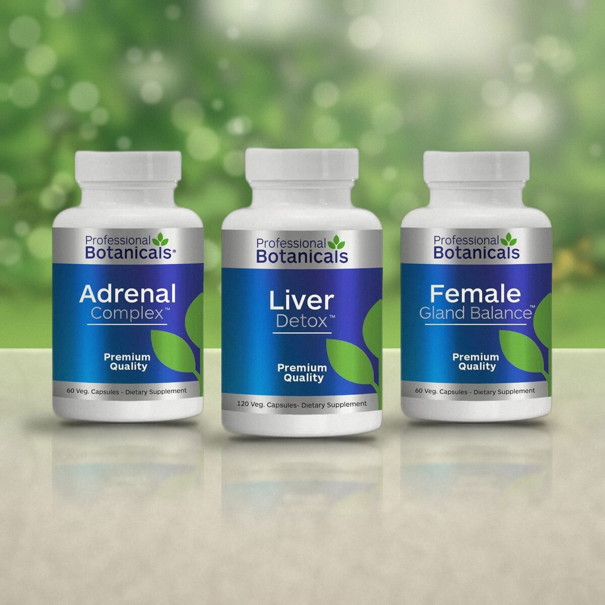 Professional Botanicals Adrenal Complex, Relax One, and Alive dietary supplements