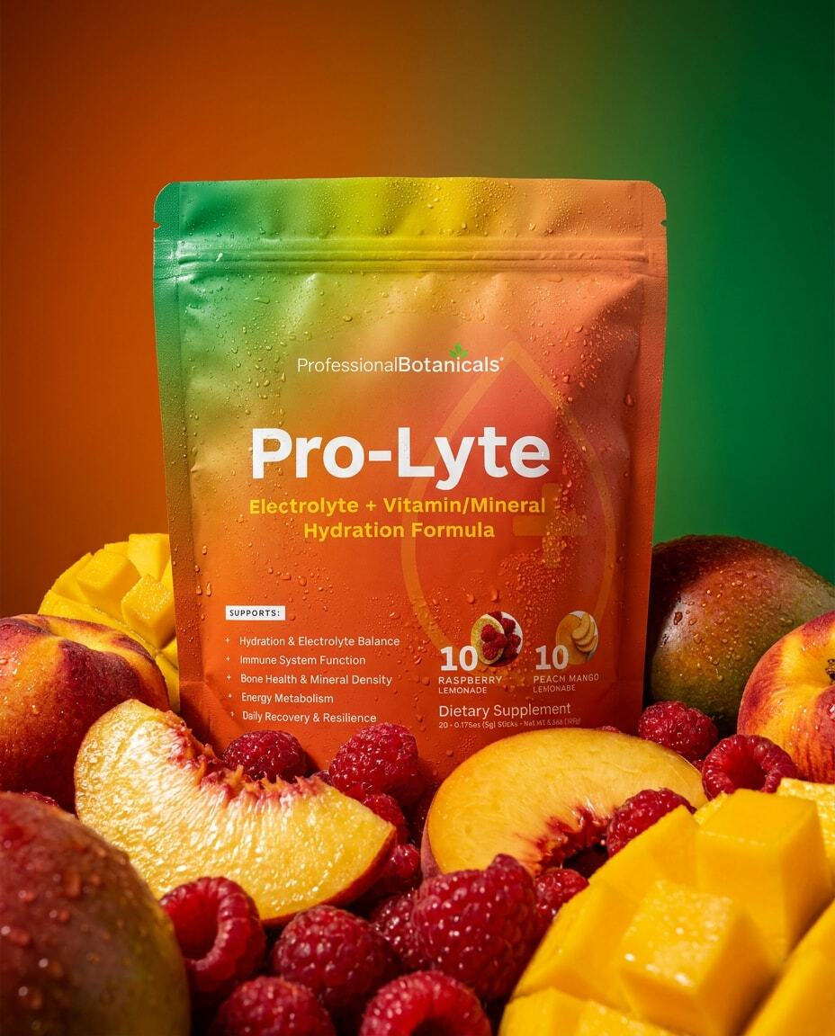 Pro-Lyte stick pack bag surrounded by fresh fruit
