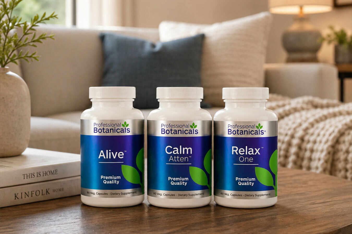 sleep and relaxation product bottles on a coffee table