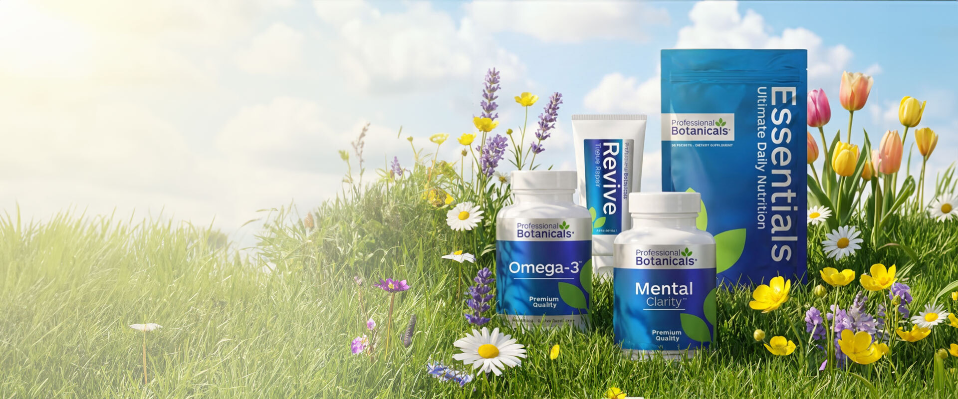 Premium Supplement bottle surrounded by plants