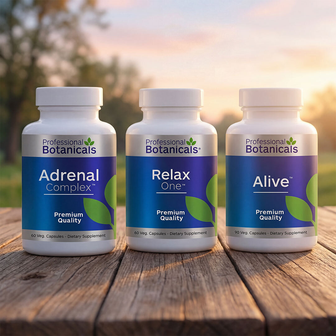 Supplement bottles sitting on a wood table at eye level