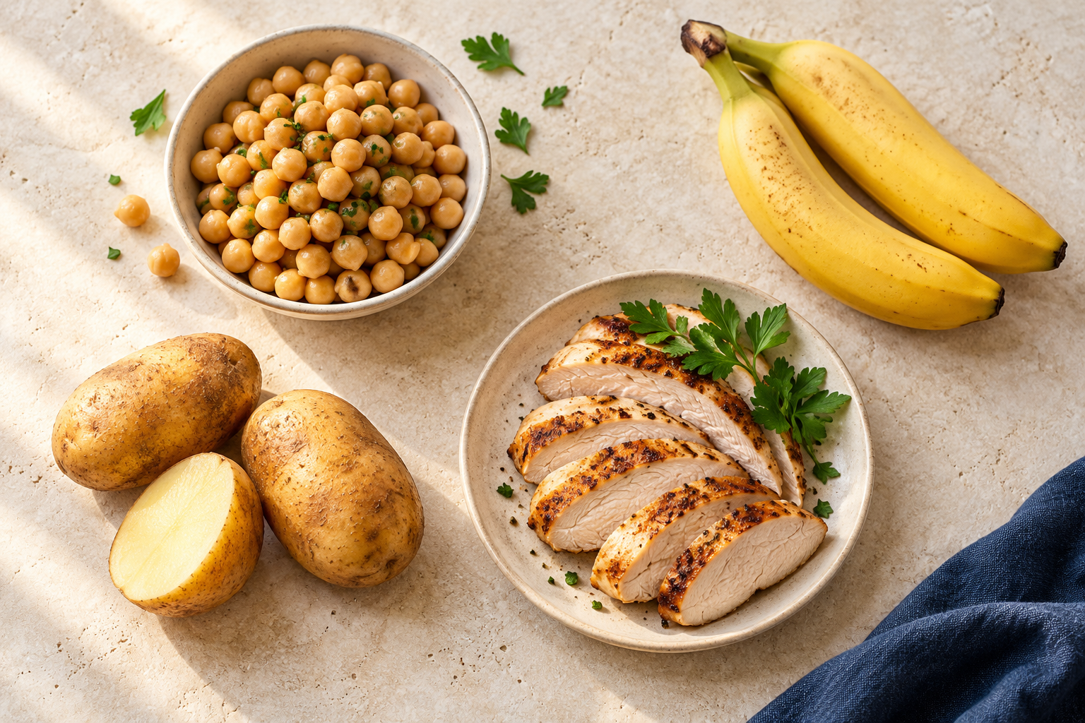 Vitamin B6 food sources including chickpeas, bananas, potatoes, and chicken