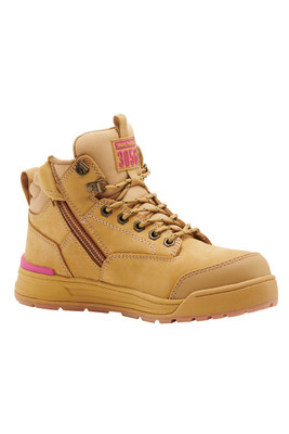 Hard Yakka 3056 Women's Lace Up, Zip Sided, Wide Toe Steel Cap Work Boots in Wheat Leather (Y60240)