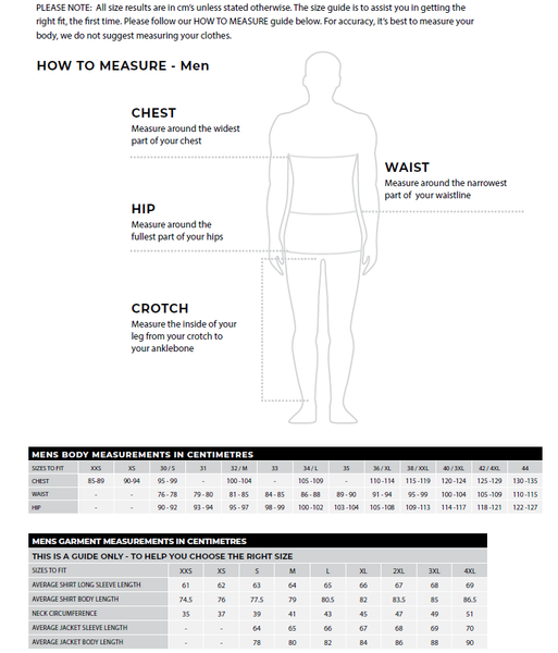 Thomas Cook Size Guide Men