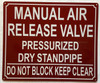 MANUAL AIR RELEASE VALVE PRESSURIZED DRY STANDPIPE COMPLIANCE SIGN