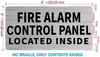 FIRE ALARM CONTROL PANEL LOCATED INSIDE SAFETY SIGN WITH RAISED LETTERS/IMAGE NO BRAILLE