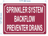 FD SPRINKLER SYSTEM BACKFLOW PREVENTER DRAINS SIGN