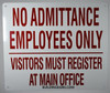 Sign NO ADMITTANCE EMPLOYEES ONLY VISITORS MUST REGISTER A