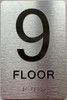 Sign 9th floor  with Raised letters/Image & Grade 2 Braille - Includes Red Adhesive pad for Easy Installation ( Brushed Aluminum/silver, Tacticle ) - The park Ave Line
