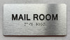 MAIL ROOM  with Raised letters/Image & Grade 2 Braille - Includes Red Adhesive pad for Easy Installation (Brushed Aluminum/silver, Tacticle ) - The park Ave Line