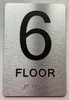 Floor number  with Raised letters/Image & Grade 2 Braille - Includes Red Adhesive pad for Easy Installation ( Brushed Aluminum/silver) - The park Ave Line (6th Floor)