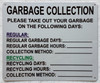 NYC HPD GARBAGE COLLECTION DAYS SAFETY SIGN