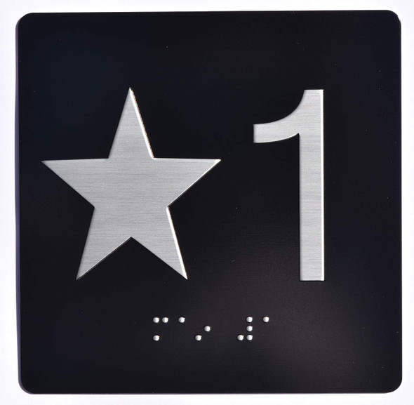 Star 1 - Elevator Jamb Plate  Signage with Braille and Raised Number-Elevator Floor Number  SignageBlack-