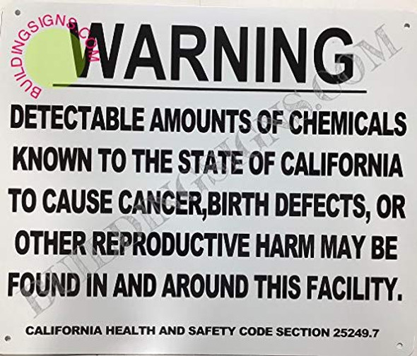 Warning DETECTABLE Amounts of Chemicals Known to The State of California to Cause Cancer  Birth Defects Sign
