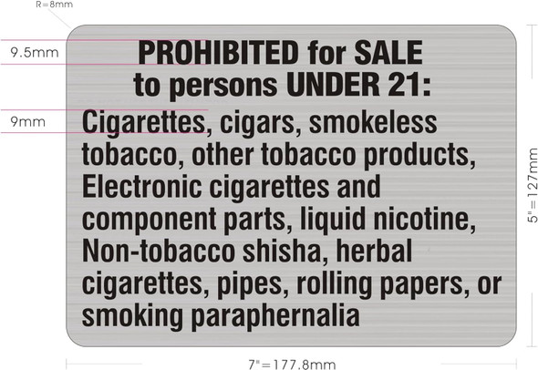 Signage  PROHIBITED FOR SALE TO PERSON UNDER 21: CIGARETTESS, CIGARS - NYC REQUIRED