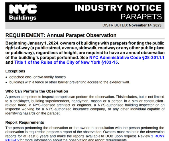 Annual Parapet Observation Requirements and law