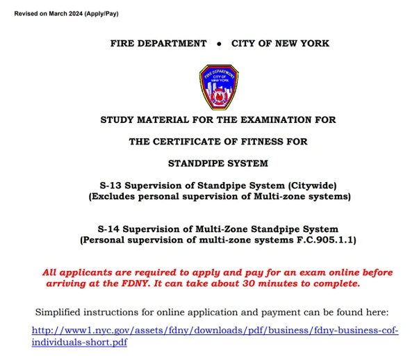 FDNY STUDAY MATERIAL FOR CERTIFICATE OF FITNESS FOR STANDPIPE