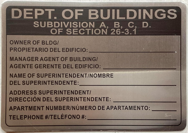 ENGLISH/SPANISH DEPTARTMENT OF BUILDING SUBDIVISION A,B,C,D SIGN