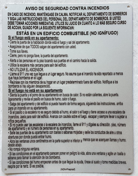 SPANISH FIRE SAFETY NOTICE -NON FIRE PROOF BUILDING