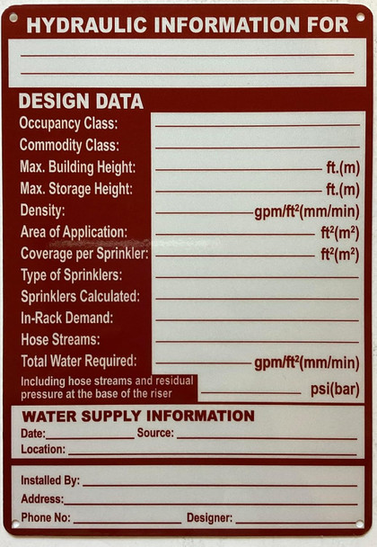 HYDRAULIC INFORMATION DESIGN DATA SIGN FIRE SPRINKLER SIGNS SYSTEM SIGN