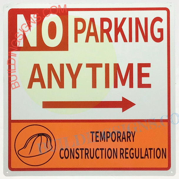 NO PARKING ANYTIME WITH RIGHT ARROW SIGN
