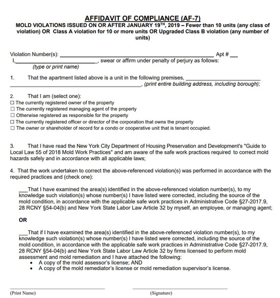 AFFIDAVIT OF COMPLIANCE HPD NYC FORM AF-7 HPD NYC