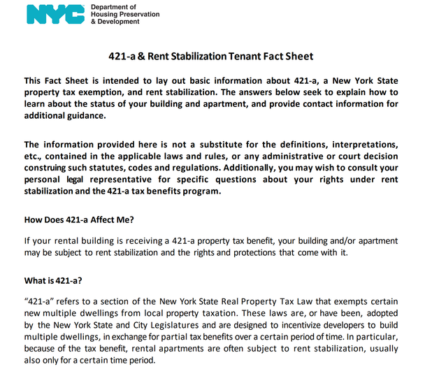 421-a & Rent Stabilization Tenant Fact Sheet Provded by  NYC HPD
