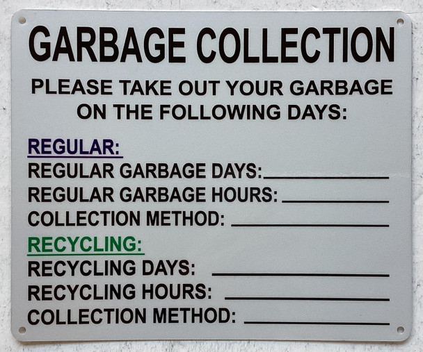 NYC HPD GARBAGE COLLECTION DAYS SIGN