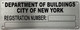 NYC DEPT OF BUILDING SERIAL NUMBER SIGN
