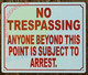 NO TRESPASSING ANYONE BEYOND THIS POINT