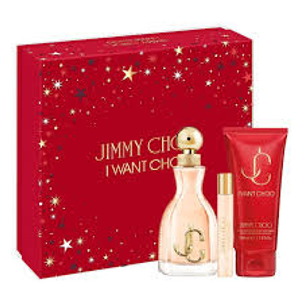 Experience a sense of desirability, confidence and glamour with the new Jimmy Choo fragrance for women. I Want Choo Eau de Parfum is a sparkling floral oriental fragrance infused with velvet peach and vanilla that gives way to a floral inflection of jasmine and red spider lily. The I Want Choo woman is a decision maker with a feel-good spirit who is here to have fun. I Want Choo, the perfect accessory for a modern and glamorous woman.

3PC Jimmy Choo I Want Choo Luxury Set, Eau de Parfum

-3.3oz Eau de Parfum

3.3oz Body Lotion

-.25oz Mini Eau de Parfum
