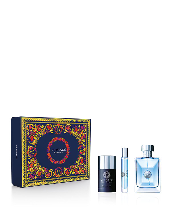 3PC VERSACE POUR HOMME MEN'S FRAGRANCE GIFT SET

KEY NOTES: Diamante Citrus, Bitter Orange Leaves, Neroli Flowers, Clary Sage, Blue Hyacinth, Amber, Musk

SET INCLUDES: - Eau de Toilette Spray 3.4oz- Deodorant Stick 2.5oz- Eau de Toilette Travel Spray 0.3oz

ABOUT THE FRAGRANCE: Diamante citrus, bitter orange leaves and neroli flowers light up the fragrance with Mediterranean accents. The heart of Versace Pour Homme is characterized by the mineral-floral aroma, almost tactile, of clary sage and blue hyacinth. Amber and musk deliver deep and sensual base notes, the essence of pure masculinity.