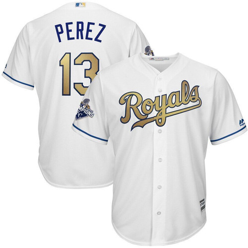Salvador Perez Kansas City Royals Majestic World Series Champions Gold Program Cool Base Player Jersey White 2021
