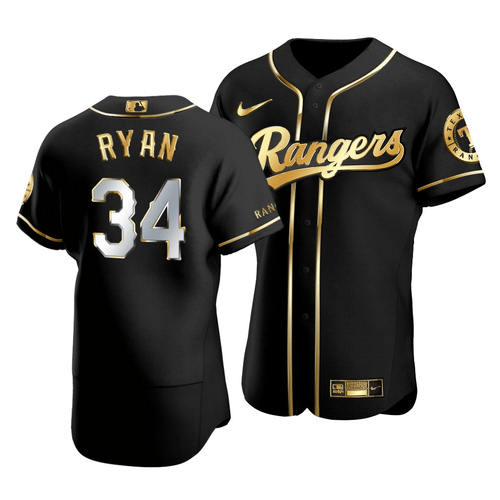 Men'S Texas Rangers Nolan Ryan #34 Golden Edition Black  Jersey