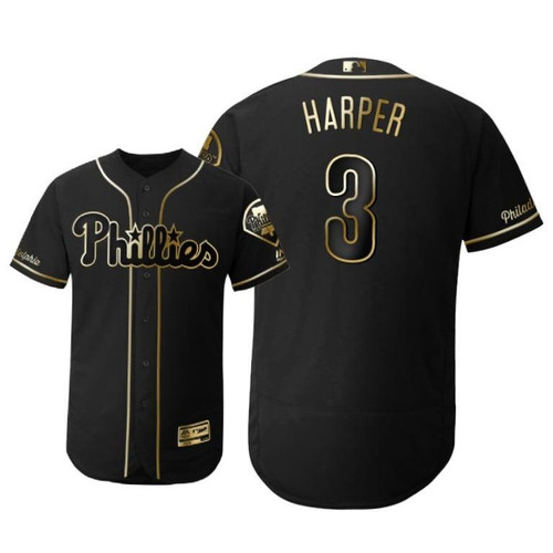 Philadelphia Phillies #3 Bryce Harper Mlb 2019 Golden Edition Black Jersey Gift For Phillies Fans