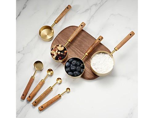 Bring elegance and precision to your kitchen with this 8-piece measuring cup and spoon set, beautifully crafted from stainless steel with a luxurious gold copper finish and smooth acacia wood handles. Designed for both style and function, this set adds a refined, modern touch to your cooking and baking essentials. Bring elegance and precision to your kitchen with this 8-piece measuring cup and spoon set, beautifully crafted from stainless steel with a luxurious gold copper finish and smooth acacia wood handles. Designed for both style and function, this set adds a refined, modern touch to your cooking and baking essentials.