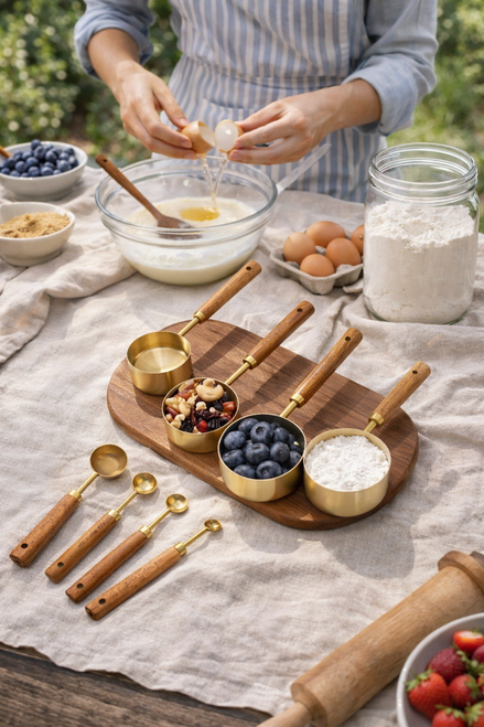 8-Piece Gold & Acacia Wood Measuring Cup and Spoon Set
