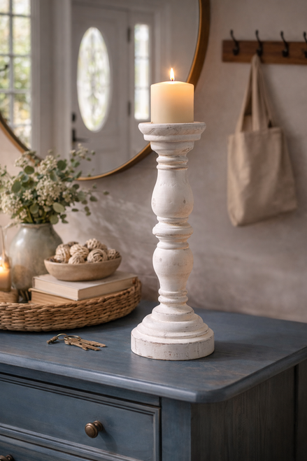white wooden candle pillar stand for rustic home decor