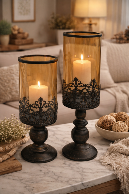 retro black and gold metal candle holders for rustic home decor