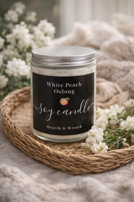 white peach oolong candle scented for rustic home decor