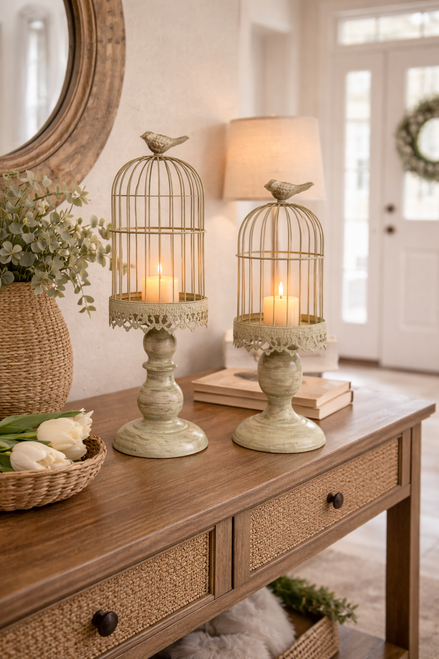 Teal and Gold Iron Pedestal Bird Cage Candle Holder