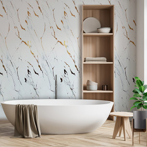 Gold White Marble Gloss PVC Shower Panel 10mm Room Shot Gold White Marble Gloss PVC Shower Panel 10mm Room Shot