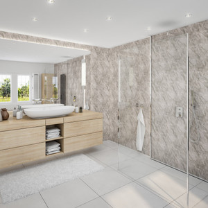 Marble Grey Gloss PVC Shower Panel (10mm) Room Shot Marble Grey Gloss PVC Shower Panel (10mm) Room Shot