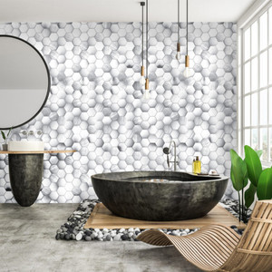 Honeycomb Hex White Matt Tile Effect PVC Shower Panel (10mm) Room Shot Honeycomb Hex White Matt Tile Effect PVC Shower Panel (10mm) Room Shot