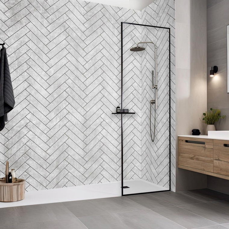 Chevron Grey Tile Effect PVC Shower Wall Panel (10mm) Room Set