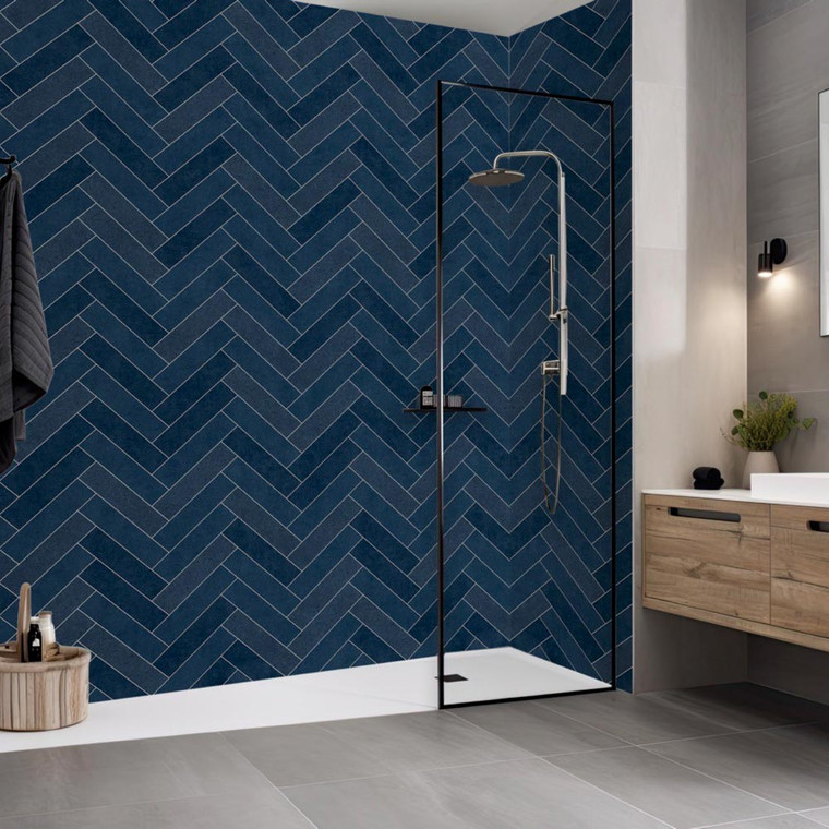 Chevron Multi Navy Matt Tile Effect PVC Shower Wall Panel (10mm) Room Set