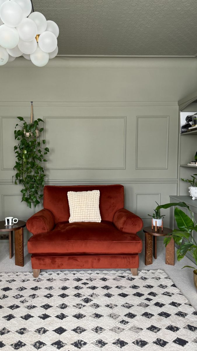 White wainscoting on accent wall with trailing plant hanging from the picture rail, creating a stylish hallway feature